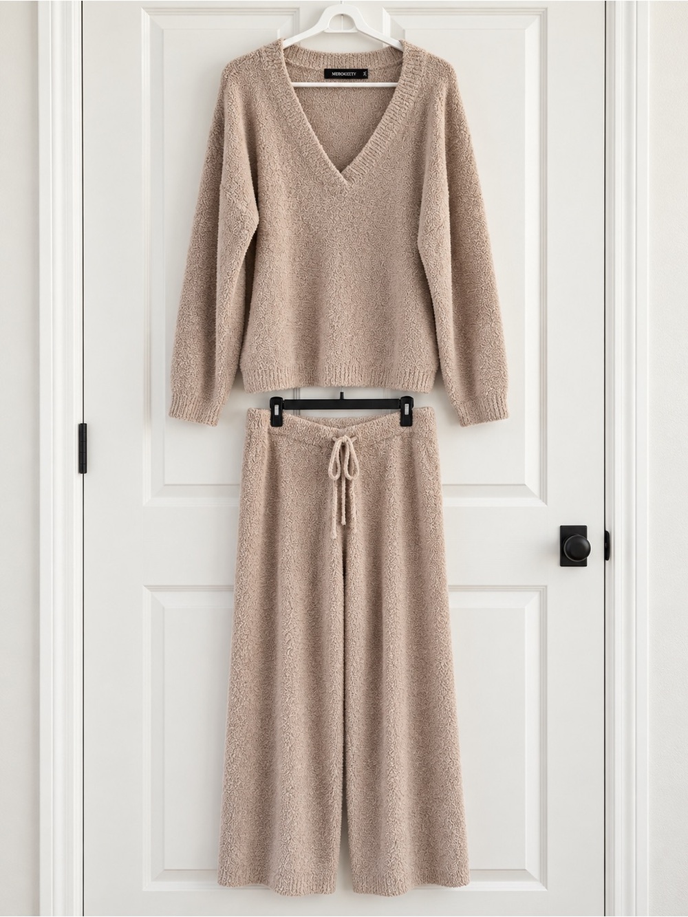 MEROKEETY Fuzzy Fleece 2 Piece Pajama Lounge Set V Neck Wide Leg Khaki XL